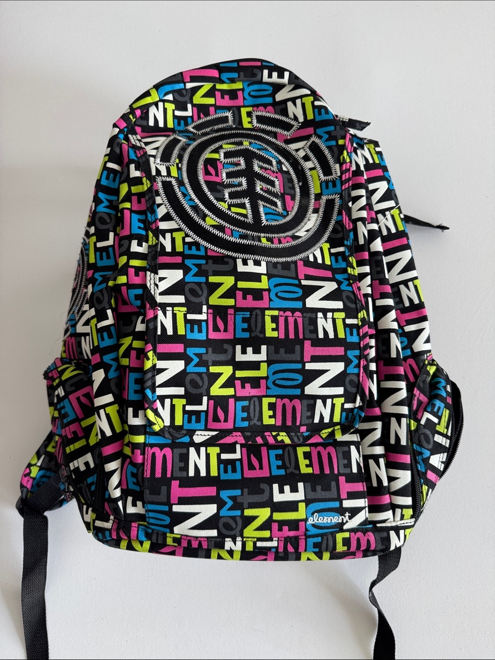 Element Black Backpack with Neon Pink, Blue, Yellow & Green Logo Print